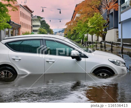 大雨の影響で水没する車 大雨の影響で水没する車 116536413