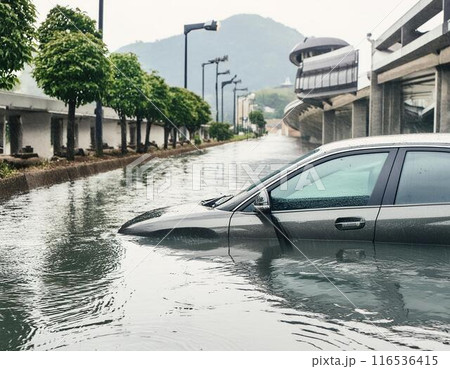 大雨の影響で水没する車 116536415