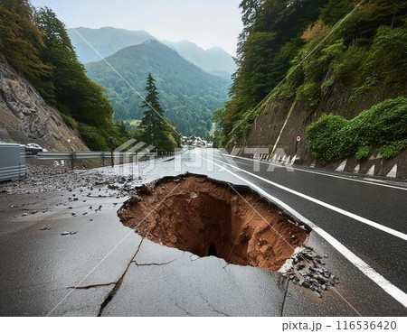 大雨の影響で陥没する道路 大雨の影響で陥没する道路 116536420