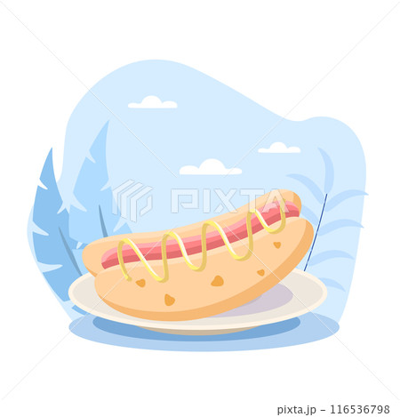 Delicious hot dog with mustard lying on plate on summer background 116536798