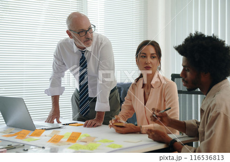 Colleagues Discussing Details In Team In Office 116536813