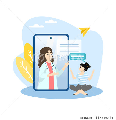 Female doctor is giving a consultation to a female patient through a smartphone app 116536814