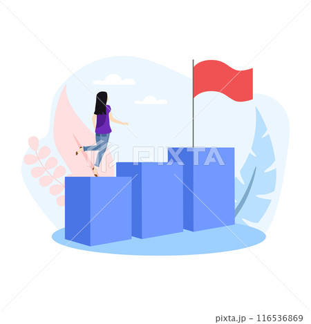 Businesswoman climbing up to success flag on top career ladder challenge achievement 116536869