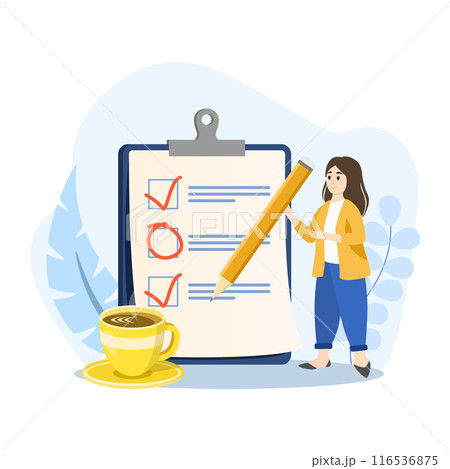Businesswoman holding pencil checking giant checklist with coffee mug nearby Businesswoman holding pencil checking giant checklist with coffee mug nearby 116536875