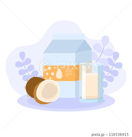 Refreshing coconut milk is standing on a table with fresh coconuts 116536915
