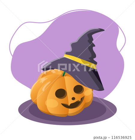 Halloween pumpkin wearing a witch hat smiling on purple background Halloween pumpkin wearing a witch hat smiling on purple background 116536925