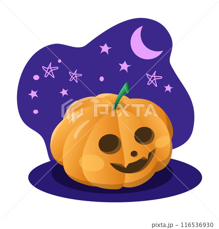 Smiling halloween pumpkin glowing under the night sky with stars and moon Smiling halloween pumpkin glowing under the night sky with stars and moon 116536930