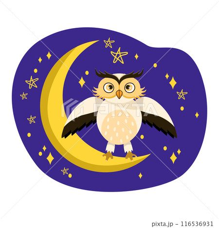 Cute owl sitting on crescent moon spreading wings at night under the stars 116536931