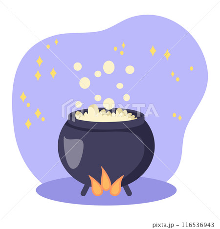 Cartoon style illustration of a magic potion boiling in a cast iron cauldron on fire Cartoon style illustration of a magic potion boiling in a cast iron cauldron on fire 116536943