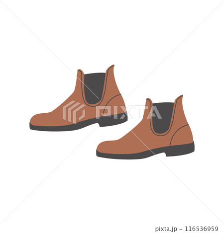 Jockey horse riding short boots. Equine accessories for horseback rider. Equestrian sports footwear. Vector illustration hand drawn colored flat isolated on white background. Jockey horse riding short boots. Equine accessories for horseback rider. Equestrian sports footwear. Vector illustration hand drawn colored flat isolated on white background. 116536959