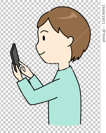 一個年輕人以正確的姿勢拿著智慧型手機 一個年輕人以正確的姿勢拿著智慧型手機 116536991