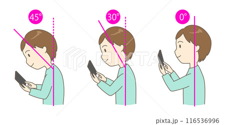 スマホを正しい姿勢と猫背で見ている若い男性の3つの角度の比較イラスト（ヨコ） 116536996