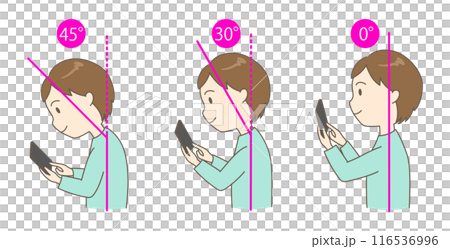 スマホを正しい姿勢と猫背で見ている若い男性の3つの角度の比較イラスト（ヨコ） 116536996