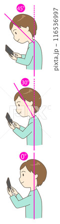 スマホを正しい姿勢と猫背で見ている若い男性の3つの角度の比較イラスト(タテ) 116536997
