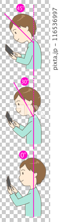 スマホを正しい姿勢と猫背で見ている若い男性の3つの角度の比較イラスト(タテ) 116536997