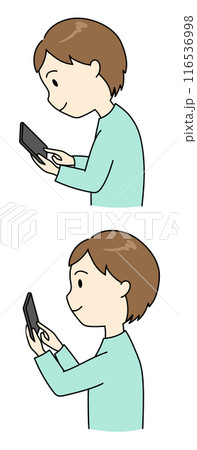 スマホを正しい姿勢と猫背で見ている若い男性の比較イラスト（タテ） 116536998
