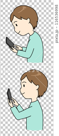 スマホを正しい姿勢と猫背で見ている若い男性の比較イラスト（タテ） 116536998