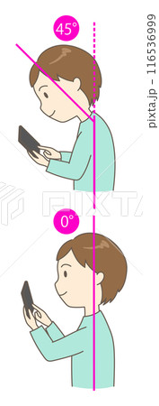 スマホを正しい姿勢と猫背で見ている若い男性の2つの角度の比較イラスト（タテ） 116536999