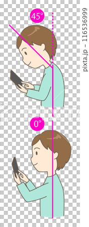 スマホを正しい姿勢と猫背で見ている若い男性の2つの角度の比較イラスト（タテ） 116536999