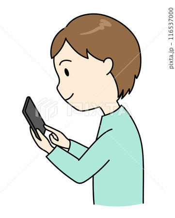 スマホを前傾姿勢で見ている若い男性のイラスト 116537000