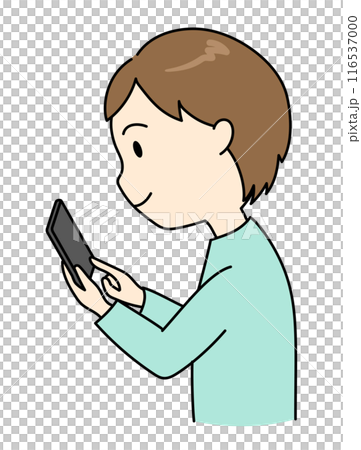 スマホを前傾姿勢で見ている若い男性のイラスト 116537000