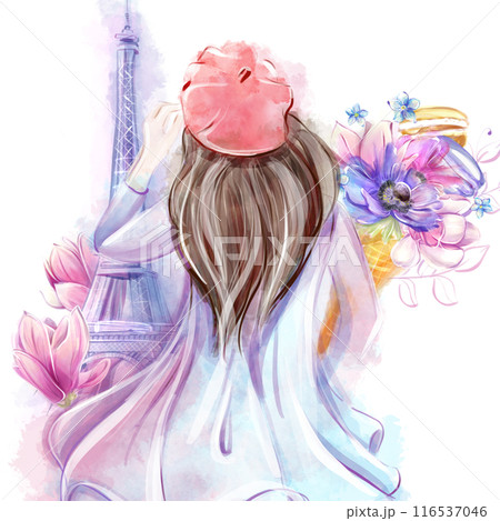 Girl with a bouquet of spring flowers in front of the Eiffel Tower. Romance of Paris, travel, clipart. To create a design for a poster, postcard, banner Girl with a bouquet of spring flowers in front of the Eiffel Tower. Romance of Paris, travel, clipart. To create a design for a poster, postcard, banner 116537046
