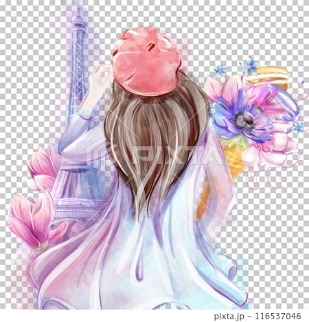 Girl with a bouquet of spring flowers in front of the Eiffel Tower. Romance of Paris, travel, clipart. To create a design for a poster, postcard, banner Girl with a bouquet of spring flowers in front of the Eiffel Tower. Romance of Paris, travel, clipart. To create a design for a poster, postcard, banner 116537046