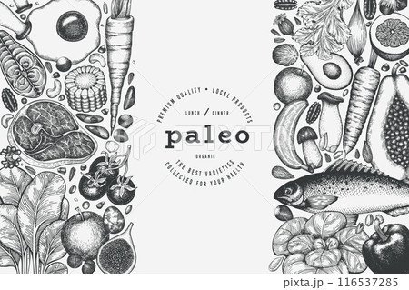 Paleo Diet Design Template. Vector Hand Drawn Healthy Food Banner. Vintage Style Menu Illustration. 116537285