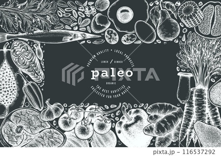 Paleo Diet Chalk Board Design Template. Vector Hand Drawn Healthy Food Banner. Vintage Style Menu Illustration. Paleo Diet Chalk Board Design Template. Vector Hand Drawn Healthy Food Banner. Vintage Style Menu Illustration. 116537292