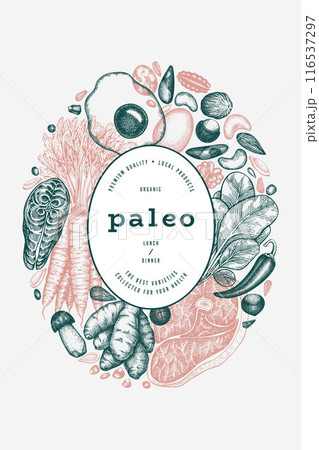 Paleo Diet Design Template. Vector Hand Drawn Healthy Food Banner. Vintage Style Menu Illustration. Paleo Diet Design Template. Vector Hand Drawn Healthy Food Banner. Vintage Style Menu Illustration. 116537297