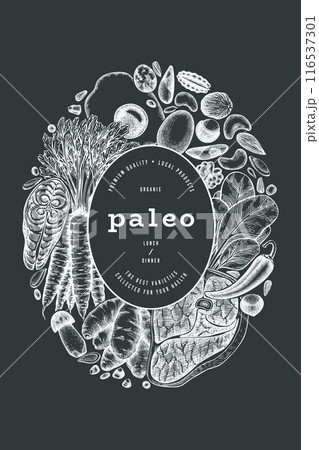 Paleo Diet Chalk Board Design Template. Vector Hand Drawn Healthy Food Banner. Vintage Style Menu Illustration. Paleo Diet Chalk Board Design Template. Vector Hand Drawn Healthy Food Banner. Vintage Style Menu Illustration. 116537301