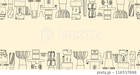Mechanical engineering drawings on sepia background. Tap tools, borer. Technical Design. Cover. Blueprint. Seamless pattern. Vector illustration. 116537698