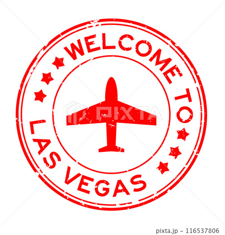 Grunge red welcome to las vegas with airplane icon round rubber seal stamp on white background 116537806
