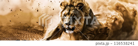 砂煙を上げながら全力で獲物を追いかける雄ライオン 116538241