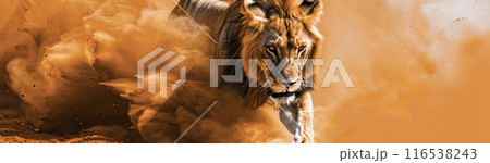 土煙の中から突進してくる若い雄ライオン 116538243