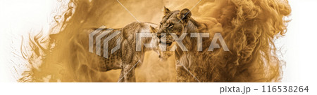 土煙の中に佇む二頭のライオンのイラスト 116538264
