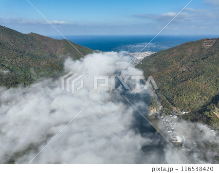 愛媛県大洲市　上空から見た肱川あらし 116538420