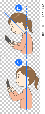 一位年輕女性以正確姿勢和駝背姿勢（垂直）看智慧型手機的兩個角度的比較圖 116538432