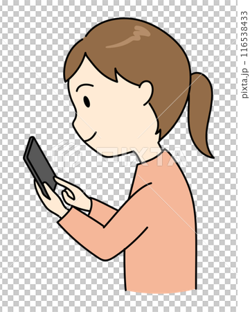 一名年輕女子向前傾著身子看著智慧型手機的插圖 116538433