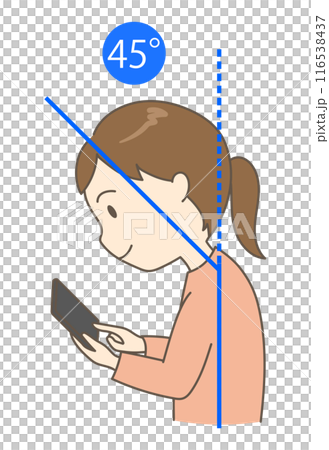 首の角度を45度にしてスマホを見ている猫背の若い女性 116538437