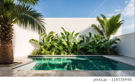 A modern tropical pool area with a minimalist design, featuring lush green plants against a white wall. The space is both elegant and inviting, perfect for a refreshing dip. 116538498