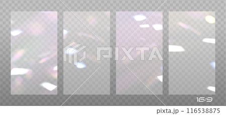 16x9 Backgrounds set with light reflections, the effect of rainbow glow and light refraction. Vector overlay layers for vintage photos decoration. 116538875