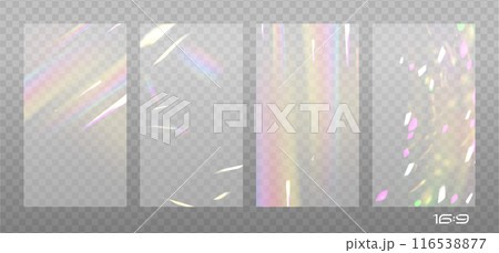 Rainbow highlights set on a light background. Glare or reflection from water and glass in 16x9 size. Glittering particles for social media backgrounds, product presentations, photo shots. Vector 116538877