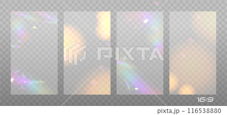 Set of 16x9 sized overlays with colorful lens dispersion, crystal rainbow light, exposed photographic film and flare transparent effects. Vector illustration. 116538880