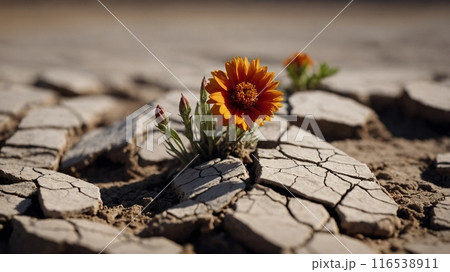 background of dried cracked earth, and a flower grew from one crack 116538911