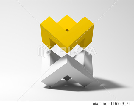 Abstract geometric installation with connected yellow and white shapes Abstract geometric installation with connected yellow and white shapes 116539172
