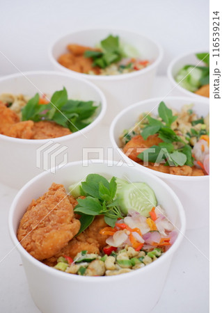 rice with chicken and vegetables in a cup rice with chicken and vegetables in a cup 116539214