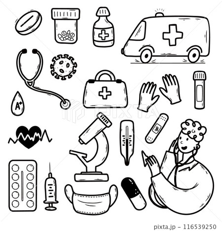 Vector doodle illustration on topic of health and medicine. collection of hand drawn elements. Vector doodle illustration on topic of health and medicine. collection of hand drawn elements. 116539250
