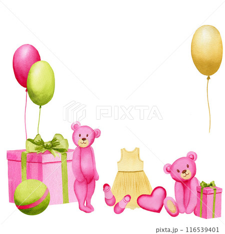 Pink teddy bears standing with a ball, dress, heart, gift boxes, shoes, balloons. Watercolor cute baby hand drawn illustration for cards, postcards Pink teddy bears standing with a ball, dress, heart, gift boxes, shoes, balloons. Watercolor cute baby hand drawn illustration for cards, postcards 116539401