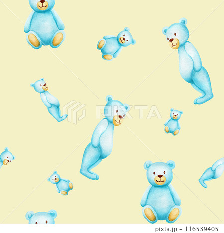 Seamless watercolor pattern with blue toy bears for boys. Handmade watercolor illustration on yellow background for textile, wallpaper, packaging Seamless watercolor pattern with blue toy bears for boys. Handmade watercolor illustration on yellow background for textile, wallpaper, packaging 116539405